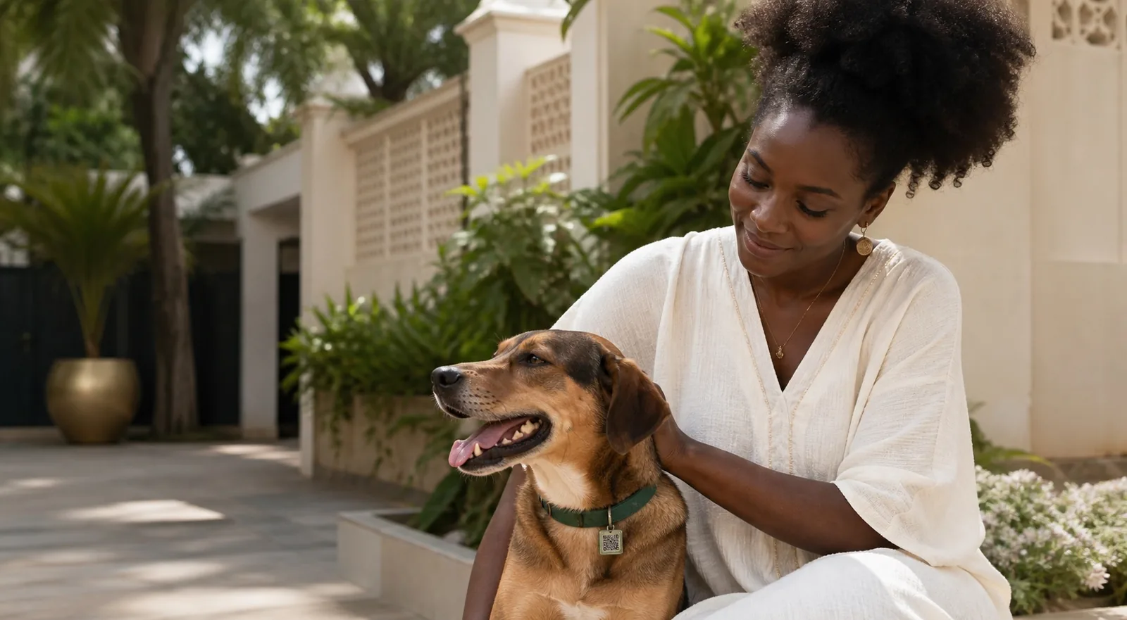 Une propriétaire avec son chien dans un jardin à Abidjan